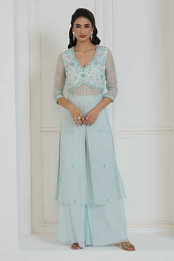 Dusty Blue Embroidered A-Line Kurta Set with Wide-Leg Palazzos main image 1