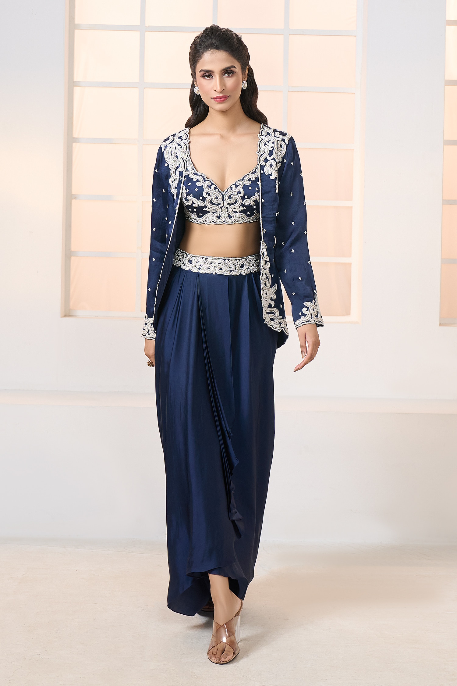 Embroidered Jacket With Draped Dhoti Skirt Set