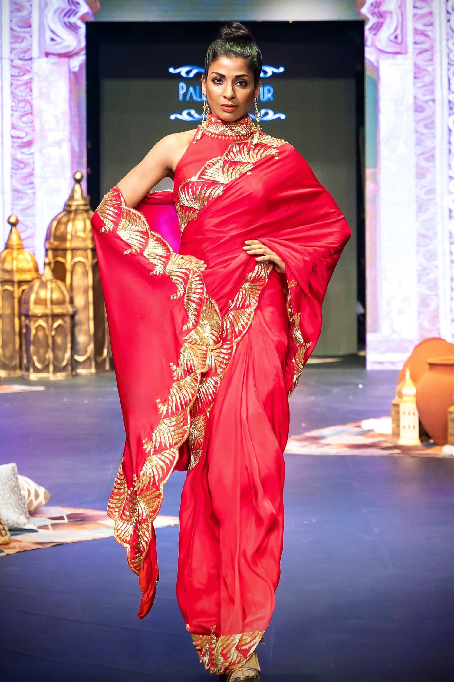 Buy Red Saree Summer Silk Embroidered Surkhlal With Halter Blouse For Women by Pallavi Jaipur