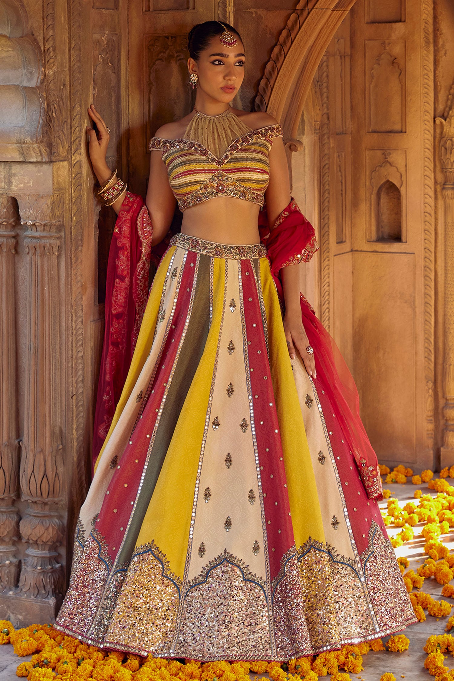 Buy Multi Color Raw Silk Embroidered Mangala Panelled Lehenga Set For ...