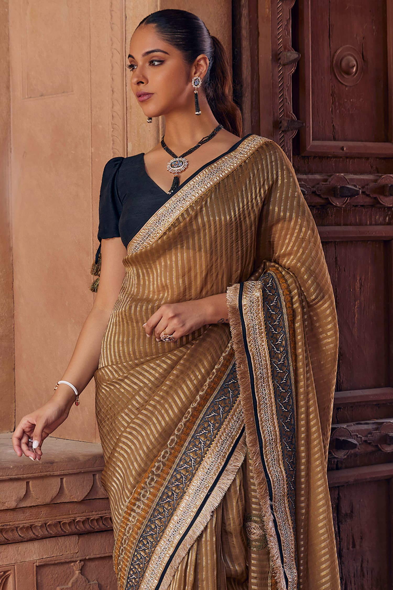 Brown plain saree with blouse - Catchy Forever - 2639348