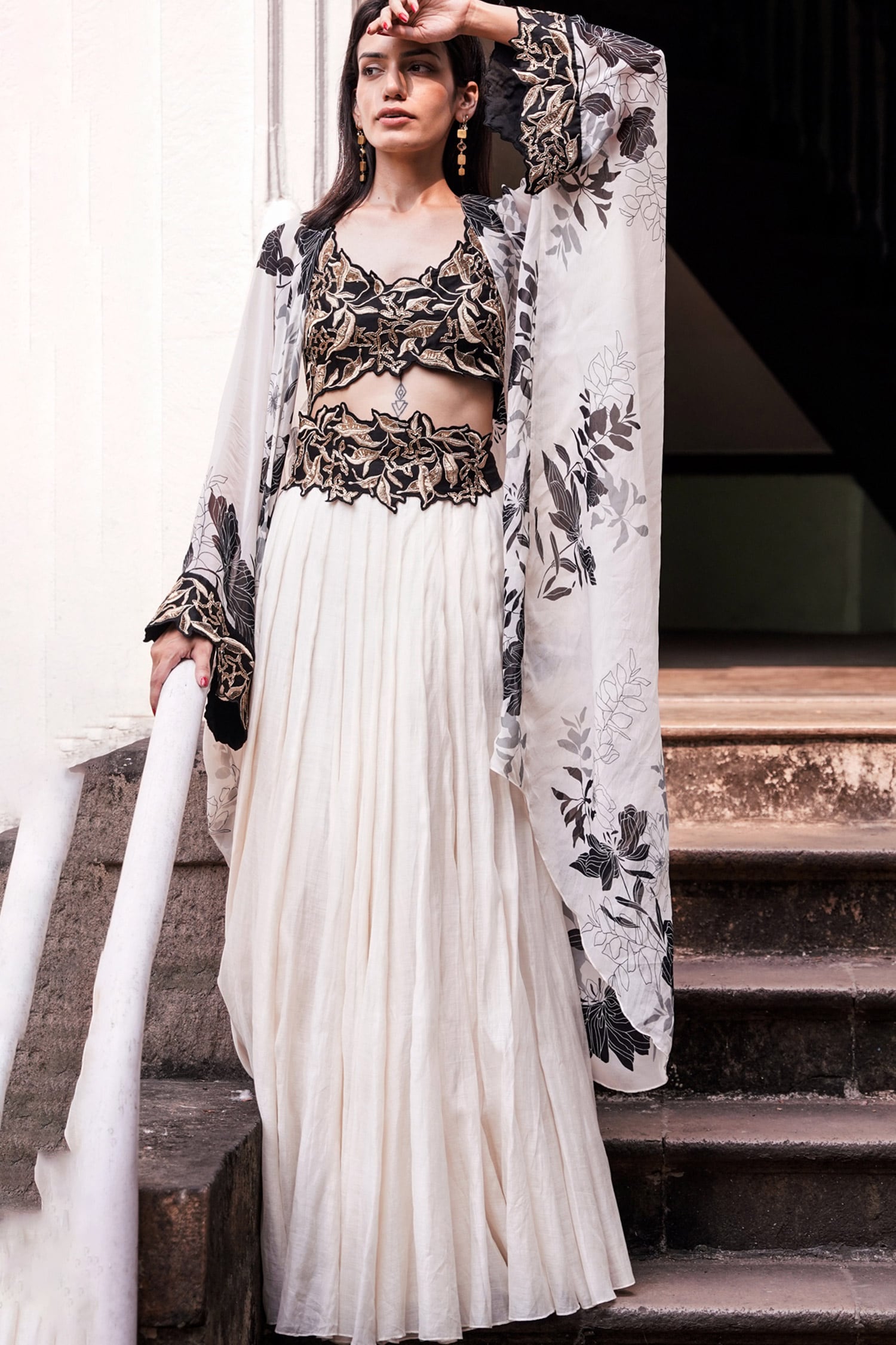 Buy Ivory Silk Organza Embroidered Resham Open Perry Floral Pattern