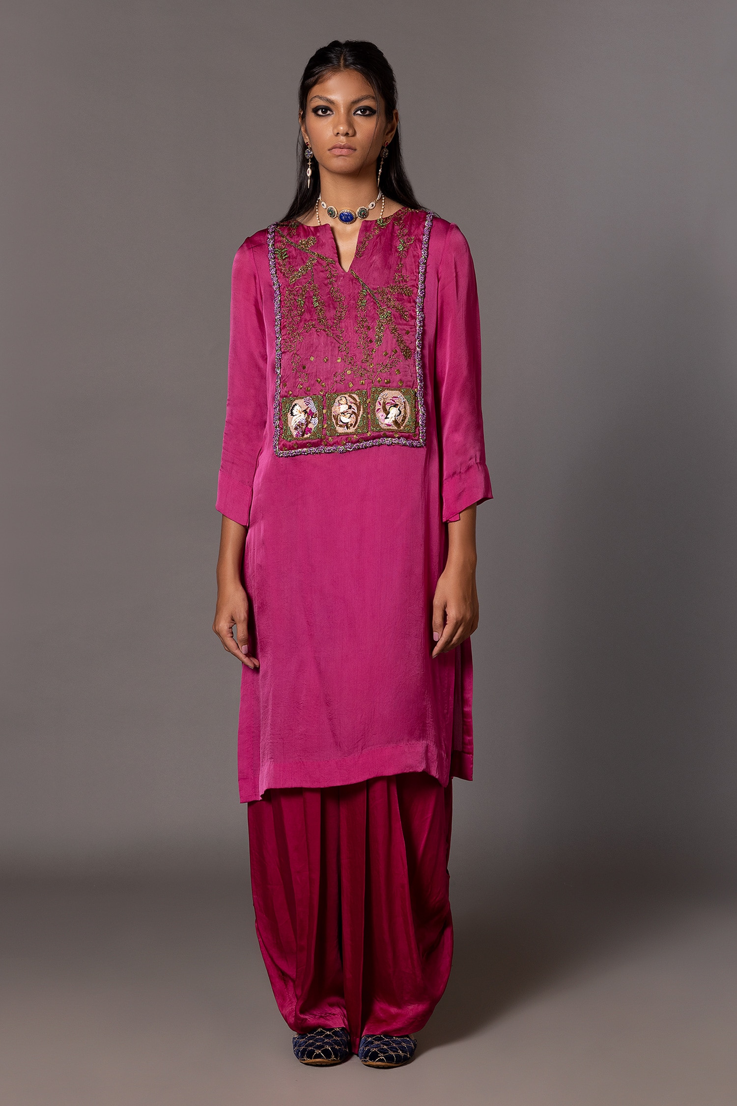 Buy Pink Bamberg Satin Embroidered Bead Iris Bird Kurta With Dhoti Pant ...