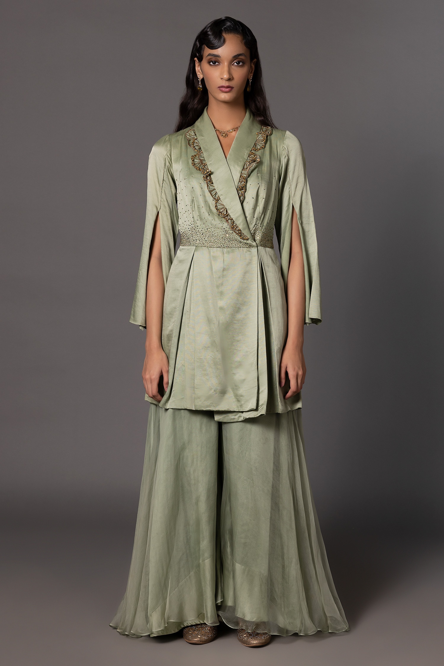 Buy Green Linen Satin Embroidered Crystal Embellished Jacket With ...