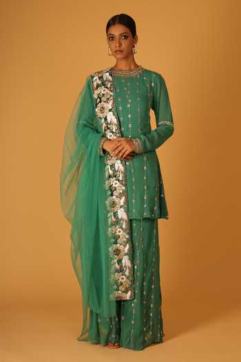Ishin Women's Georgette Green Embroidered A-Line Kurta Sharara Dupatta Set