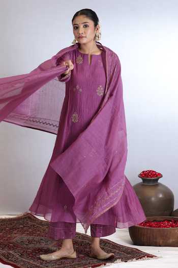 Teal Embroidered Chanderi Anarkali Set main image 0