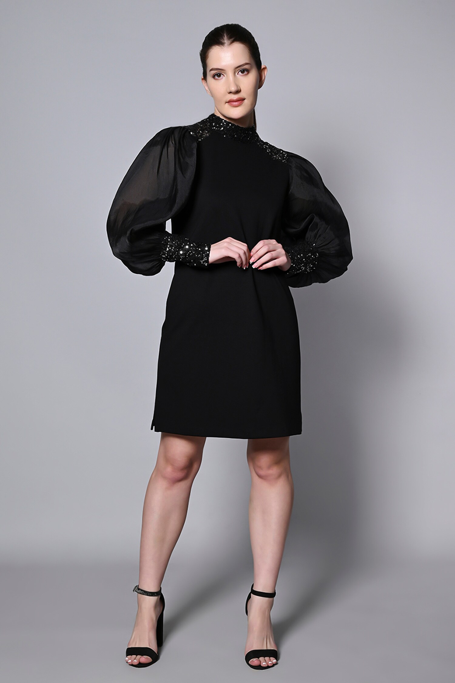 Buy Black Knit Embellished Sequins Round Stand Collar Short Dress For