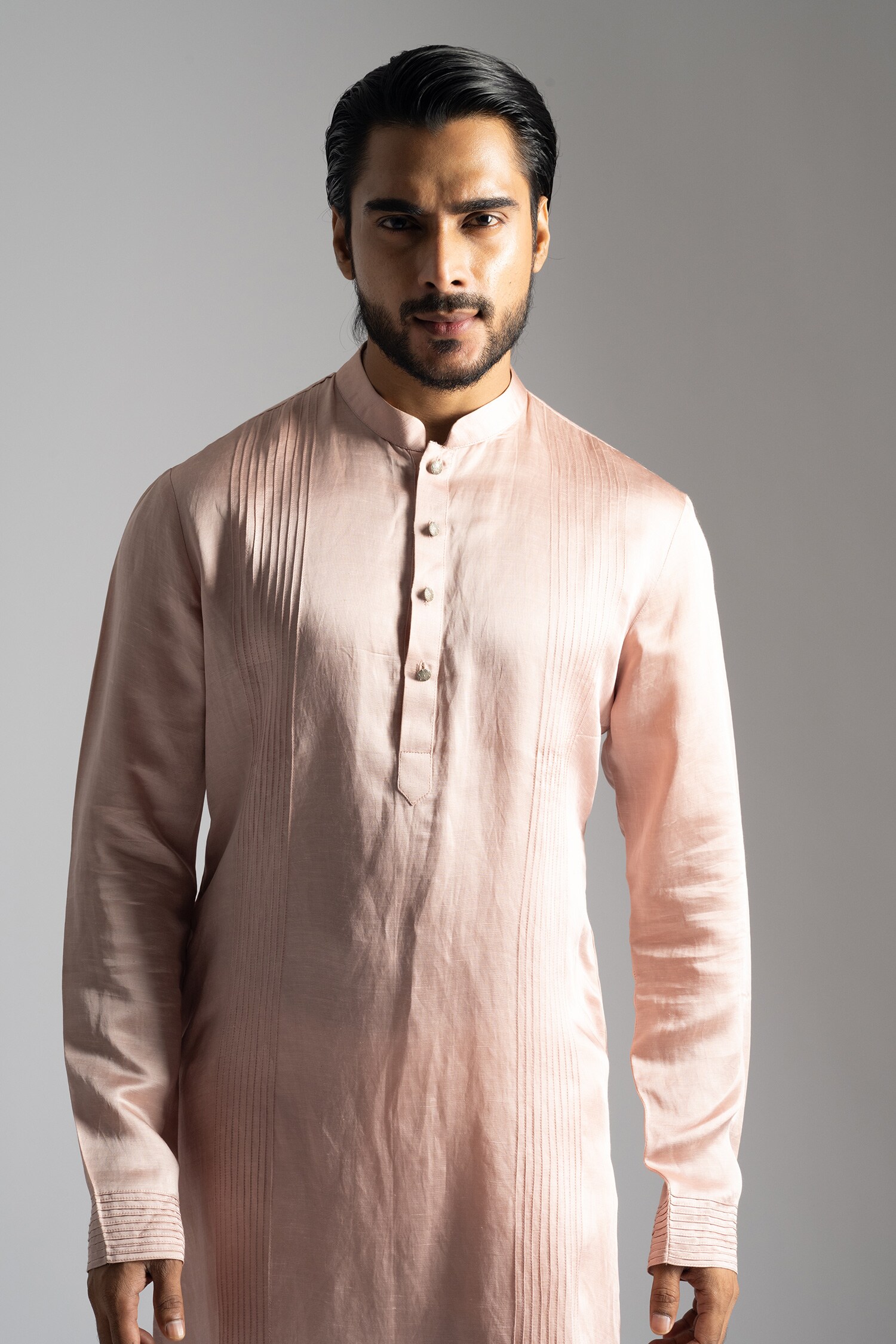 Buy Pink Kurta Linen Satin Embroidered Pintucks Vertical With Pant Pyjama  For Men by Paarsh Online at Aza Fashions.