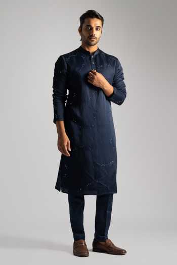 Men Blue & Beige Woven Design Thread Work Kurta With Pyjama main image 1