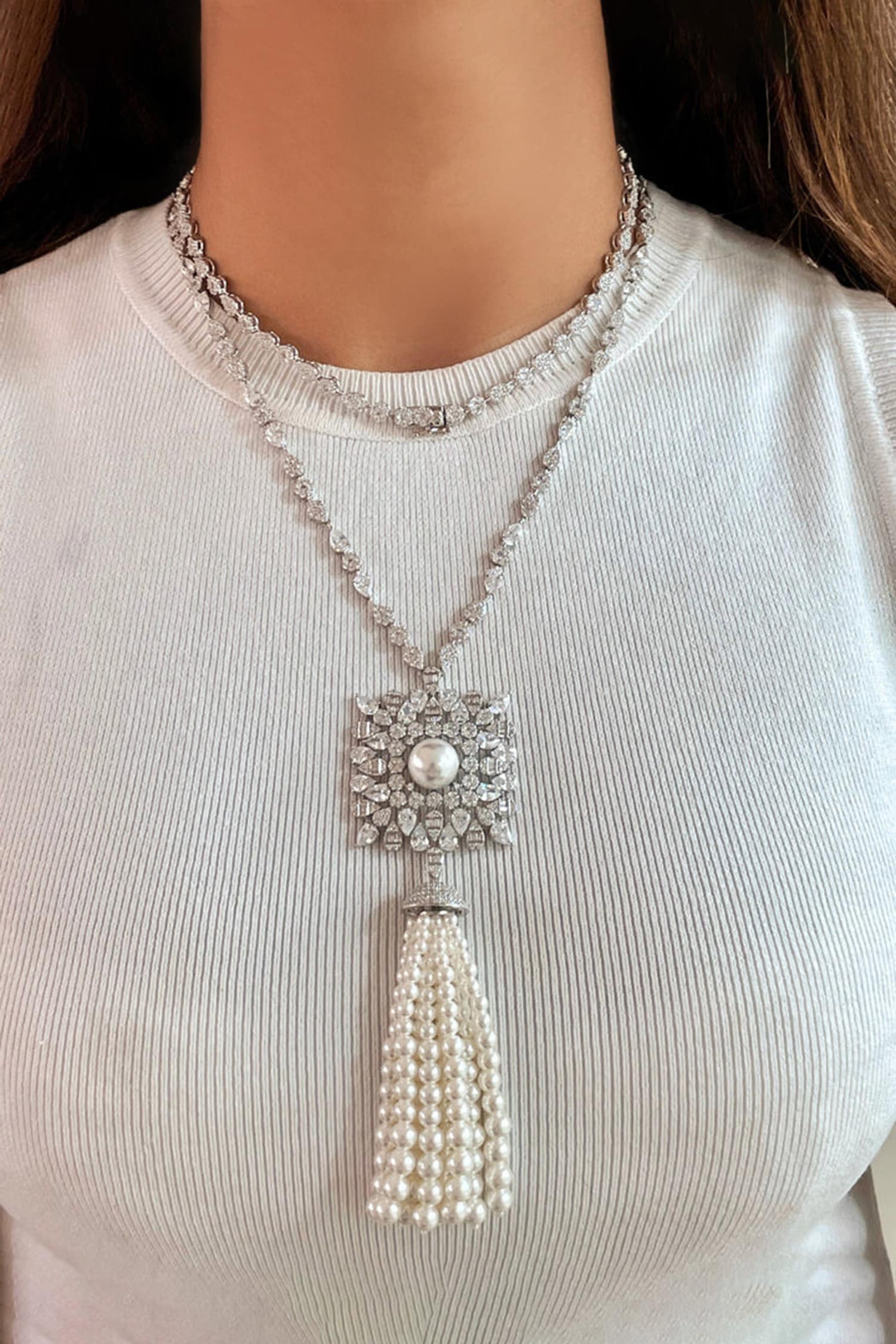 CHANEL Graduated Pearl Crystal CC Long Necklace Silver 1348528 |  FASHIONPHILE