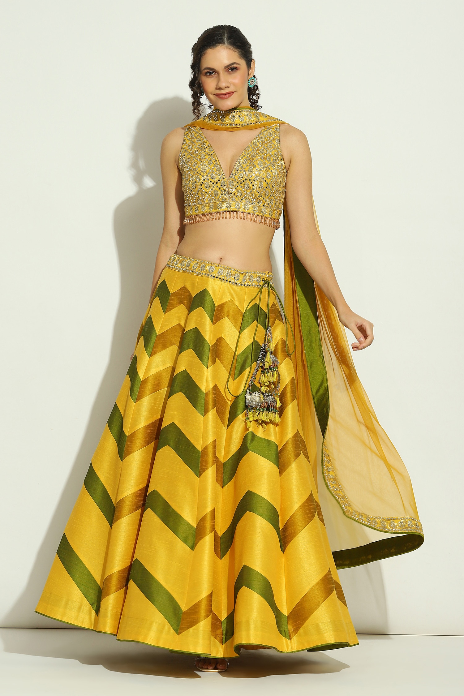 Buy Multi Color Dupion Silk Embroidery Chevron V Neck Pattern Lehenga