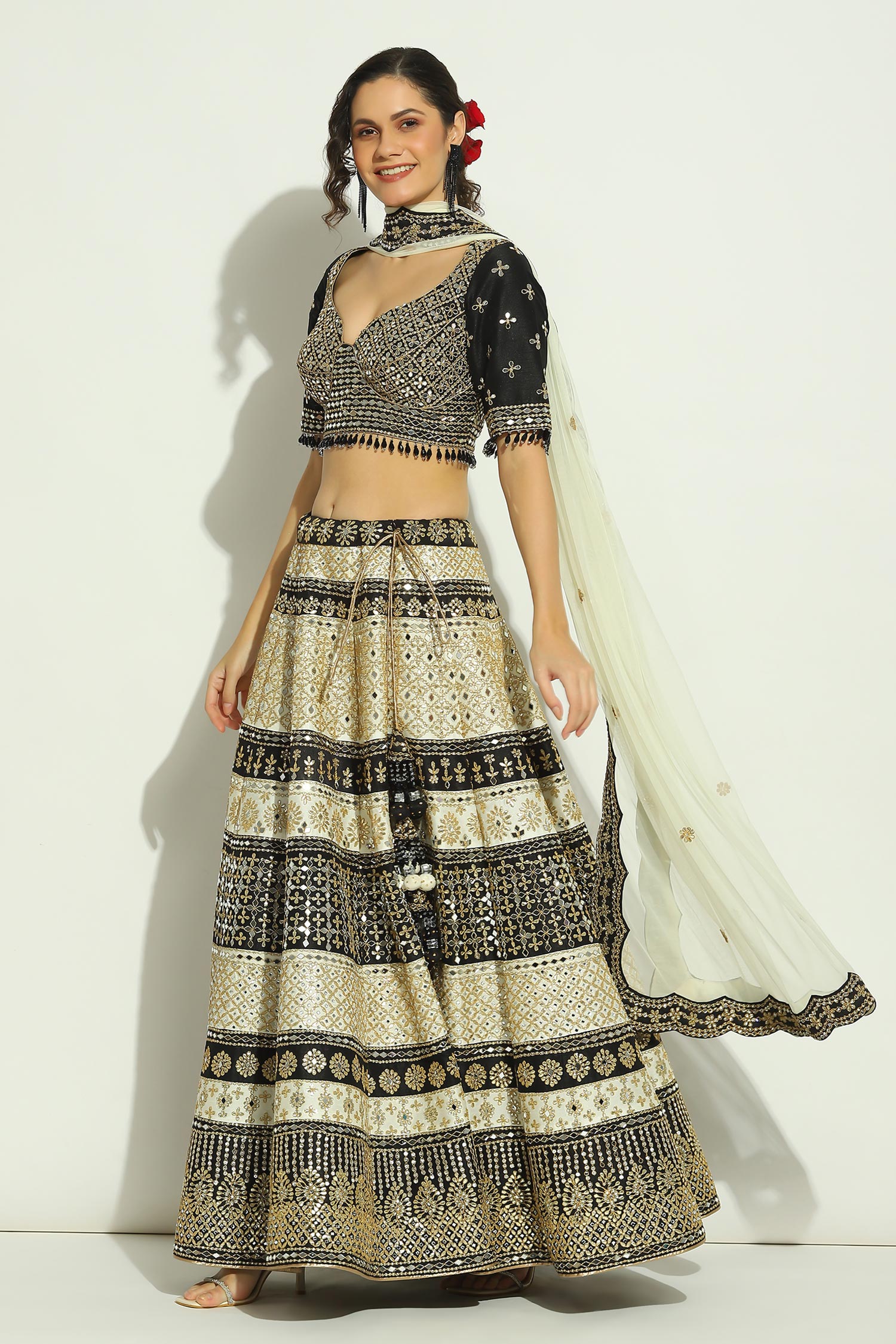 Buy Black & White Lotus Lehenga With Embroidered Dupatta by Designer  PREEVIN Online at Ogaan.com