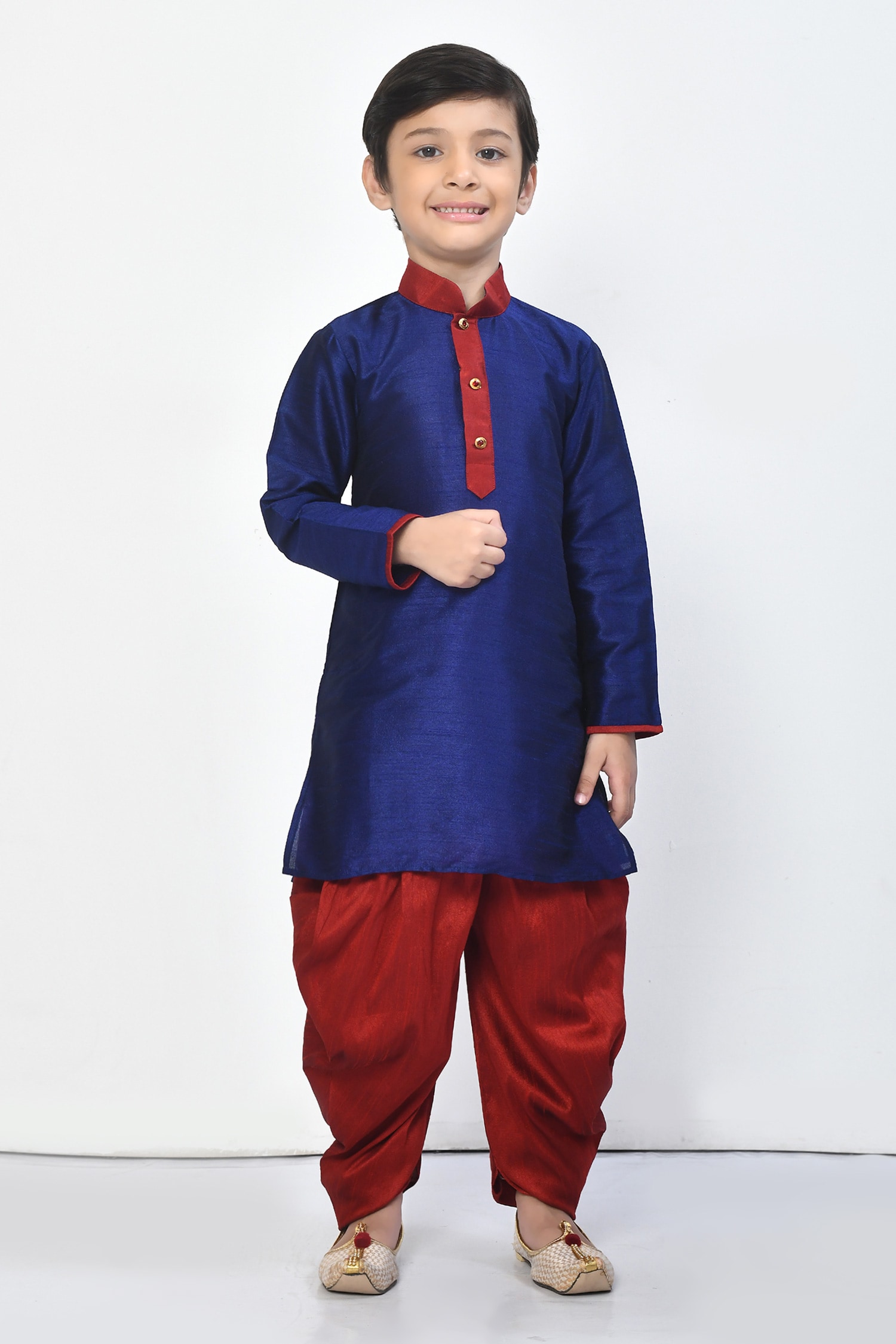 Buy Blue Kurta: Dupion Silk Plain Contrast Collar With Dhoti Pant For ...