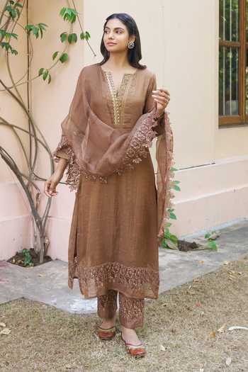 Brown Moti Embroidered Kurta Pant Set main image 1