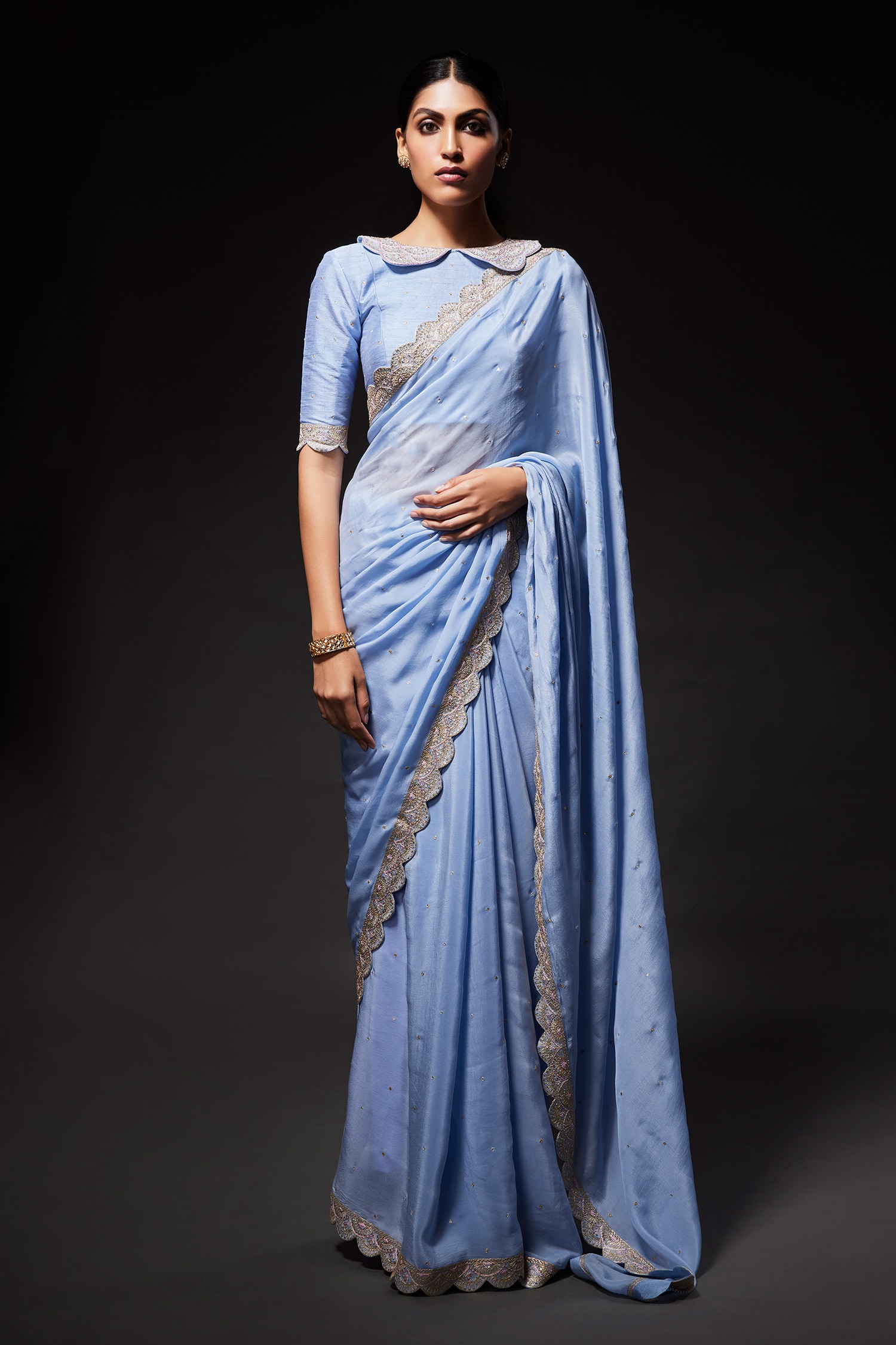 Buy Blue Blouse Rawsilk And Organza Embroidered Sequin Scalloped Saree ...