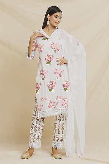 Buy White Cotton Printed And Embroidered Cherry Blossom & Kurta Set For