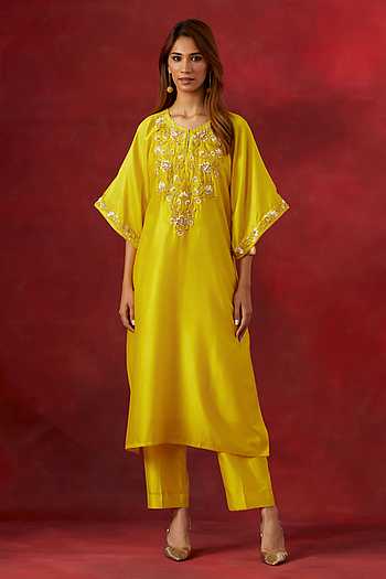 Girls Yellow Printed Kaftan & Pant Set