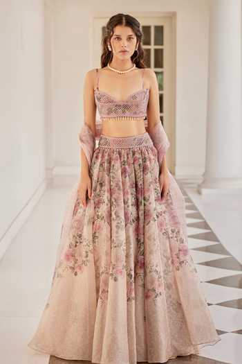 Buy Ivory Organza Print Floral Sweetheart Neck English Lehenga Set For ...