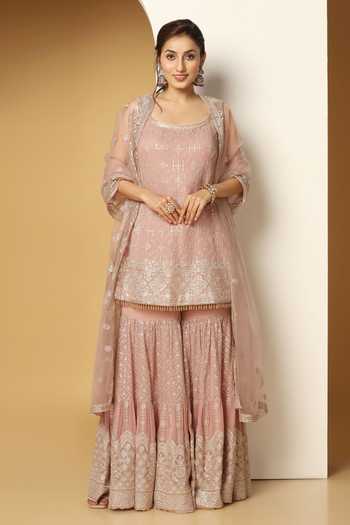 Women Pink Geometric Printed & Embroidered Muslin Kurta Sharara & Chiffon Dupatta
