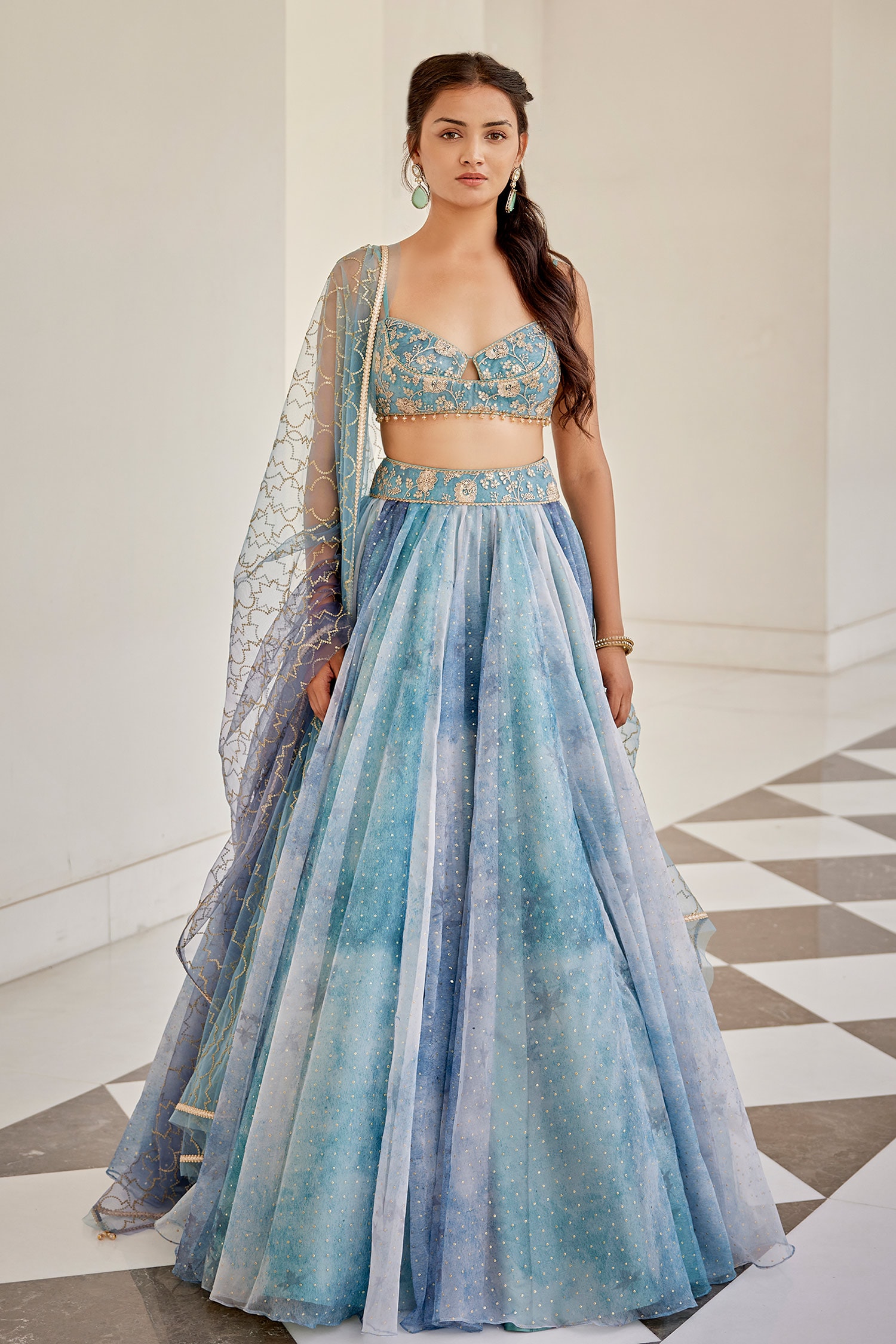 Buy Blue Organza Embroidery Sequin Sweetheart Neck Lehenga Set For