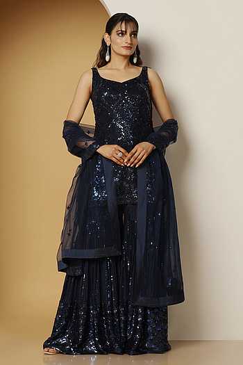Yellow Resham & Sequin Embellished Georgette Kurta Sharara Dupatta Set