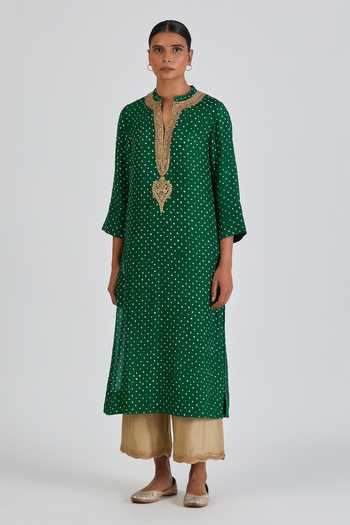 Green - Tie & dye Cotton Straight Bandhani Kurta 01 main image 1