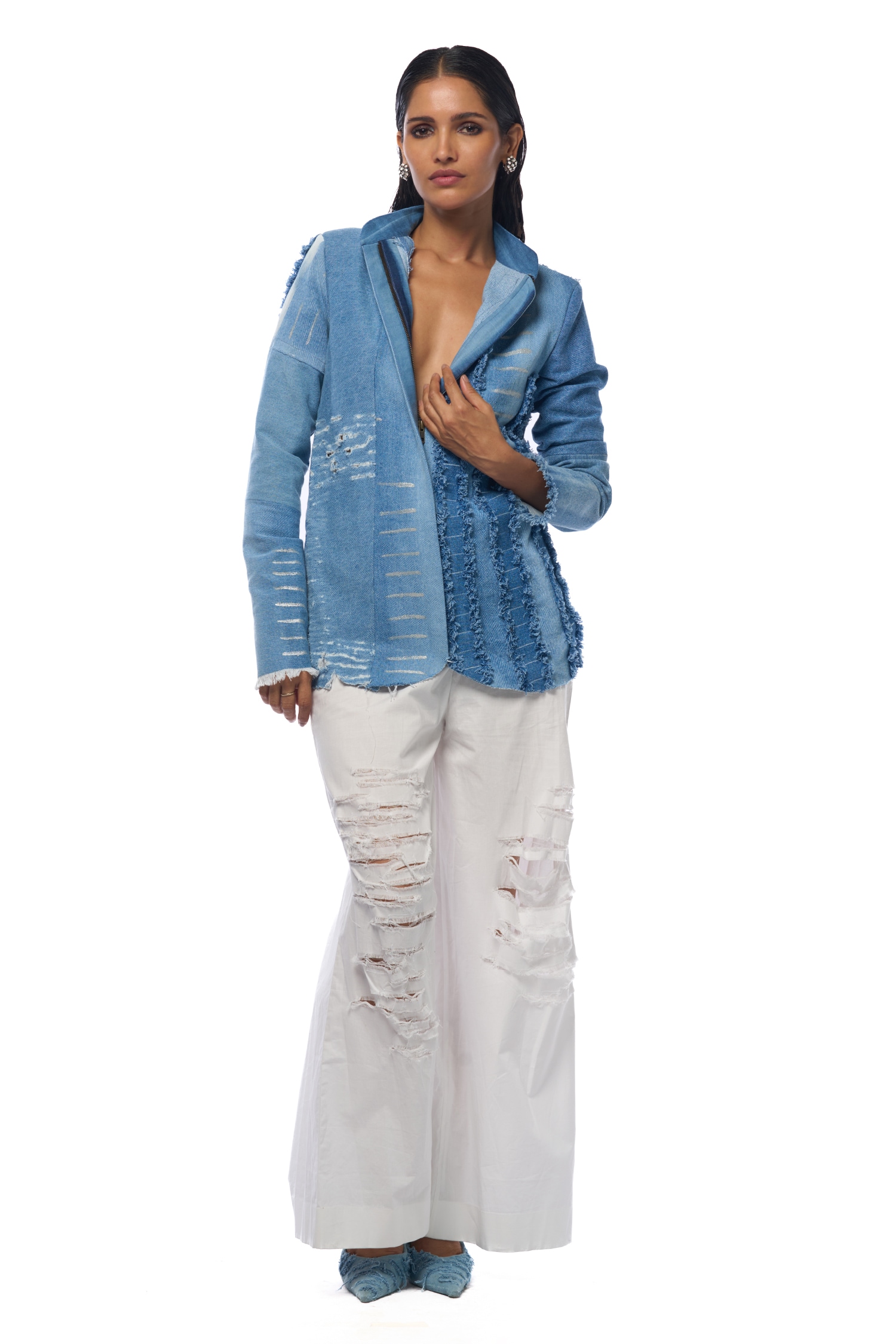 Buy Blue Denim Band Collar Distressed Jacket For Women by AKOK Online