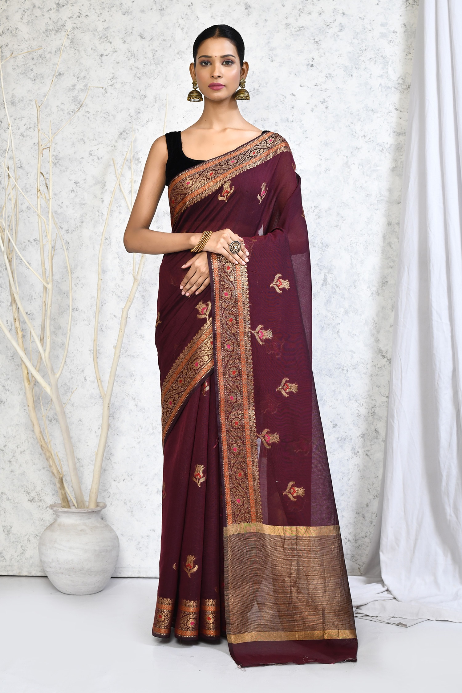 Buy Brown Cotton Silk Woven Floral Pattern Saree With Running Blouse