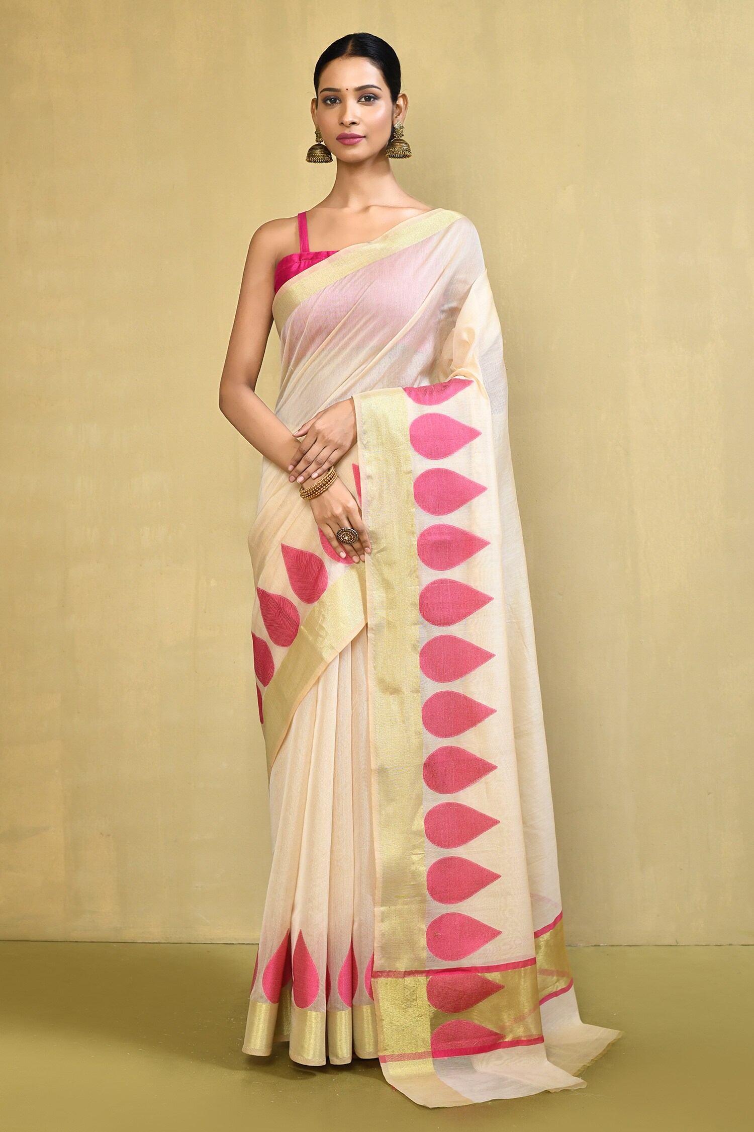 Buy Cream Cotton Silk Woven Tear Placement Saree With Running Blouse ...