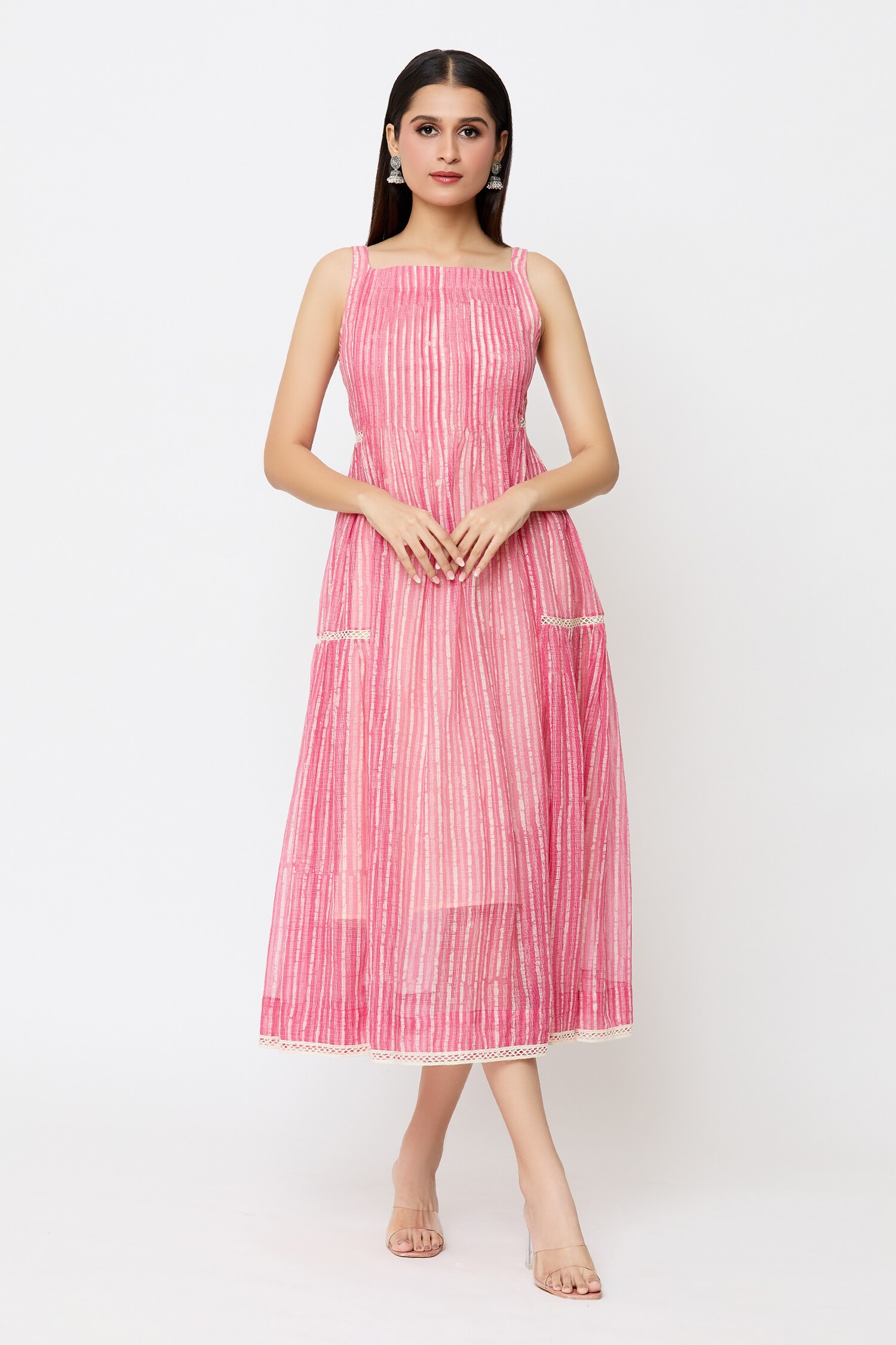 Buy Pink Kota Doriya Print Batik Square Neck Block Pleated Yoke Dress