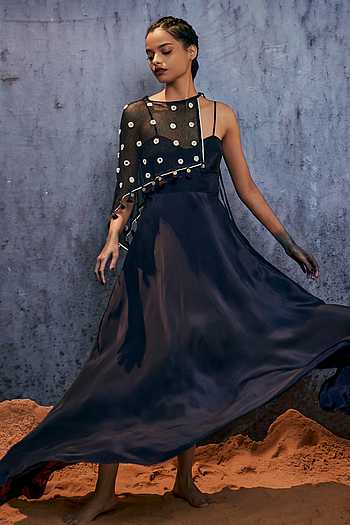 Amka Blue Silk Mirrors, Tassels Sweetheart Kayak Natural Maxi Dress with Ara Cape| AZA Fashions| Party