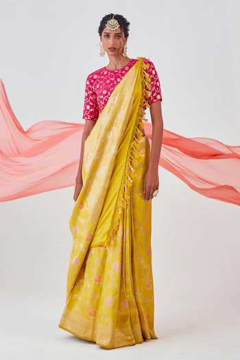 Light Yellow and Green Banarasi Silk Saree with Unstitched Blouse