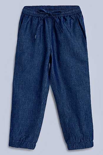 Girls Solid Blue Cotton Joggers