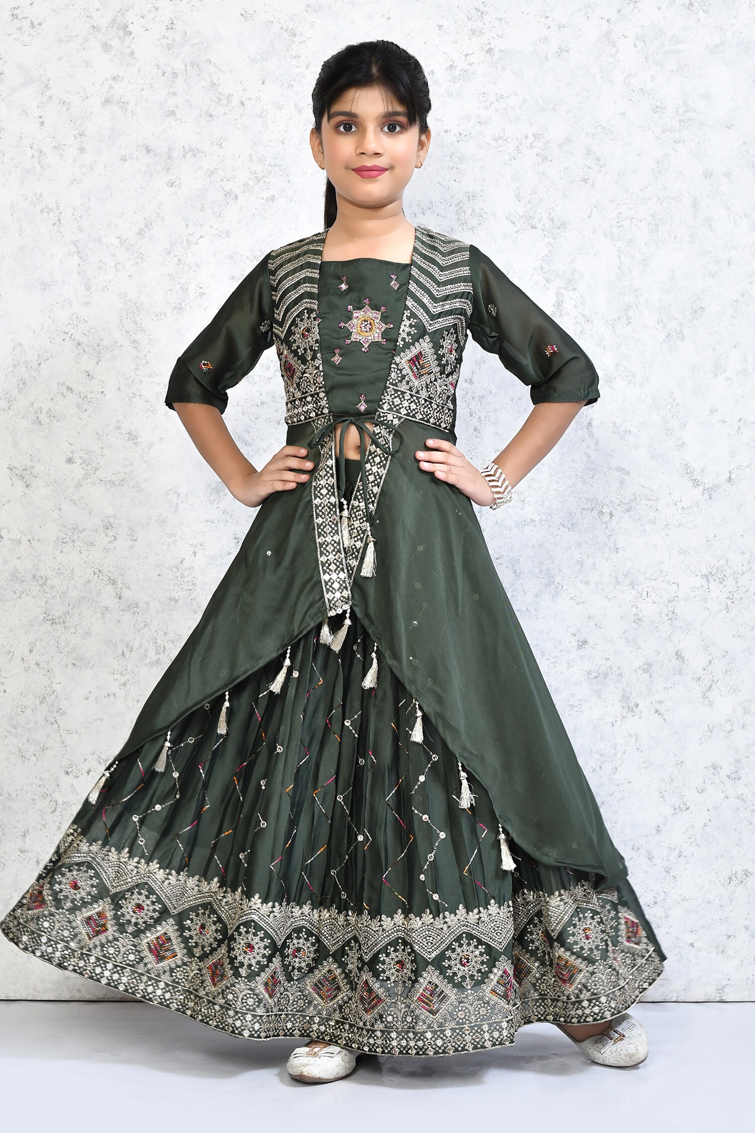 Buy Green Embroidery Zari Jacket Lehenga Set For Girls by Banana Bee Online at Aza