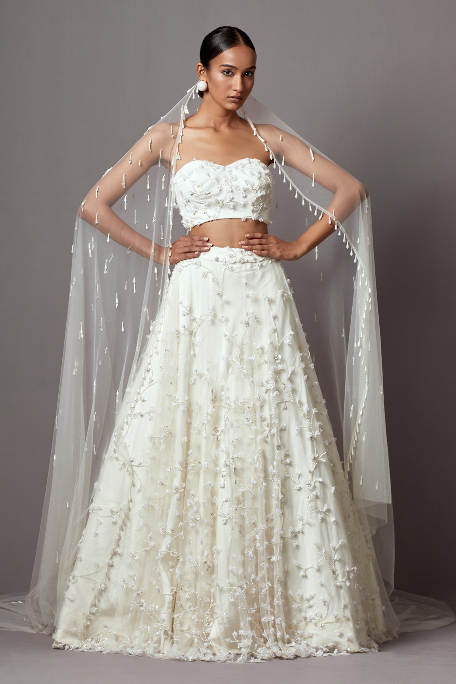 Buy Ivory Net Embroidered Pearl 3 D Bellflower Embellished Lehenga Set