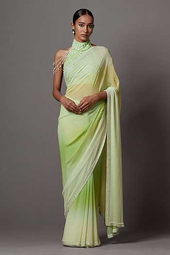 Grey Ombre Chantelle Lace Saree With Floral Embroidered Blouse
