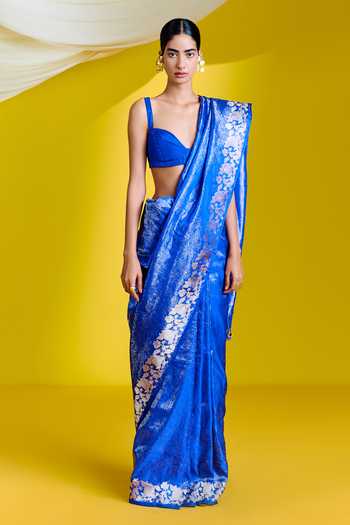 Women Blue Art Silk Printed Saree With Unstitched Blouse