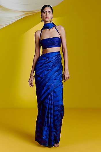 Blue Floral Embellished Satin Saree With Unstitched Blouse Piece