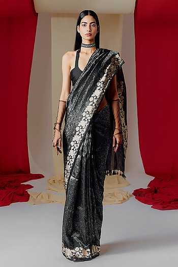 Black Printed Silk Saree With Unstitched Blouse Piece