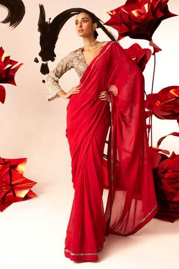 Babyhug Sleeveless Blouse And Sequins Bordered Saree - Red
