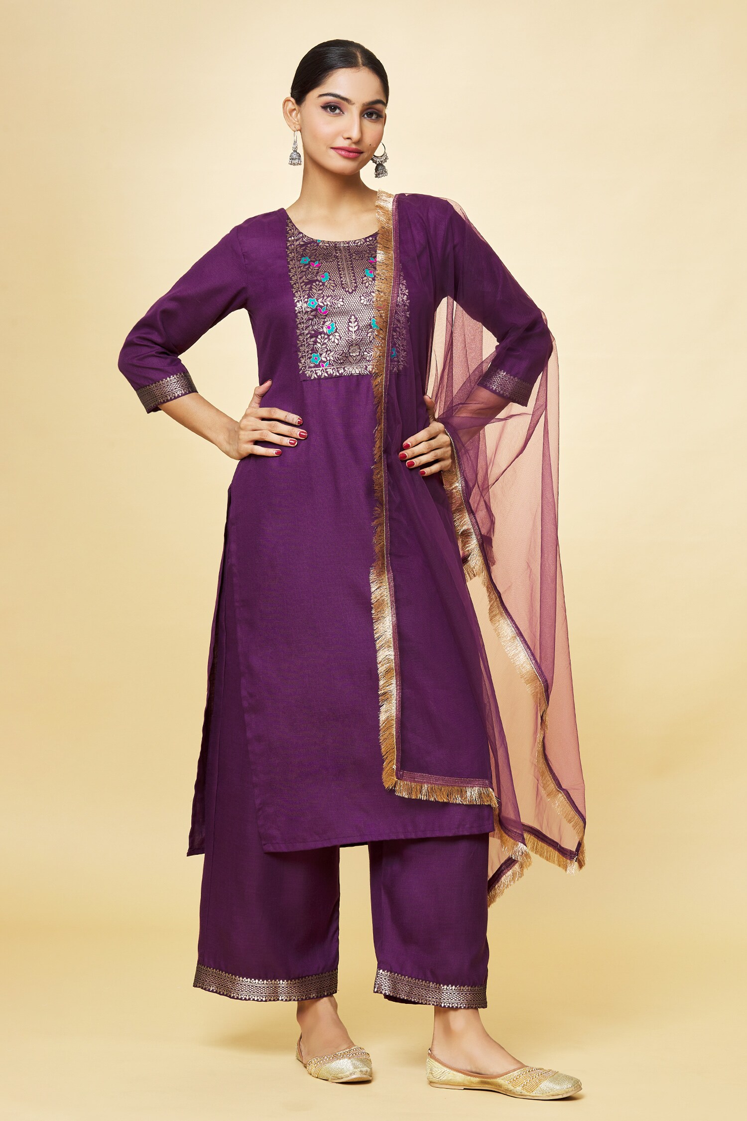 Buy Purple Kurta And Pant Cotton Blend Woven Leaf Round Yoke Set For ...