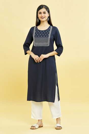 Blue Thread Embroidered Liva Rayon Tunic With Mirror Work & Tassels