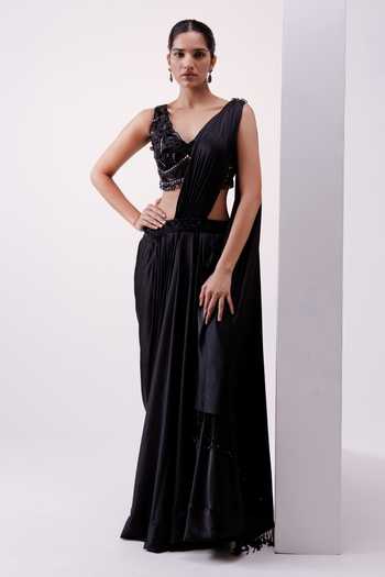 Women's Satin Black Embellished Designer Saree With Blouse Piece