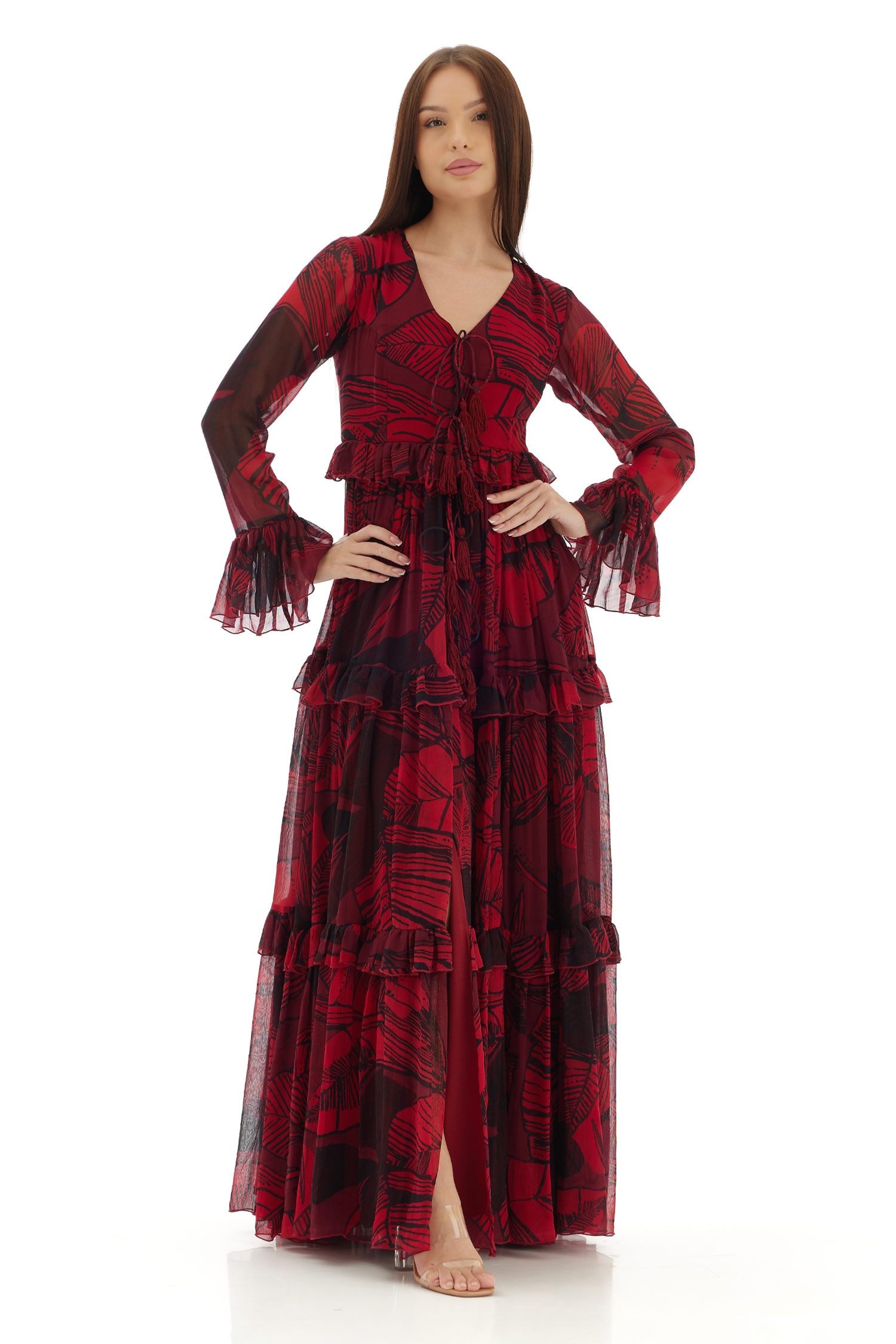 Buy Pink Chiffon Printed Floral V Neck Pattern Tiered Dress For Women by KoAi Online at Aza