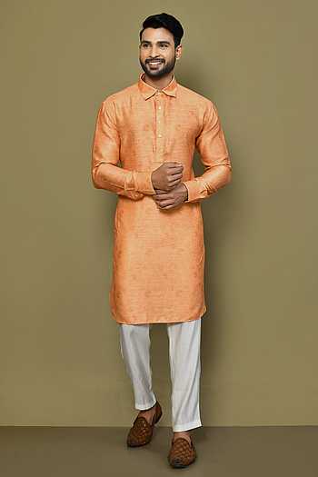 Buy Orange Kurta: Satin Textured Floral Pattern Set For Men by Arihant ...