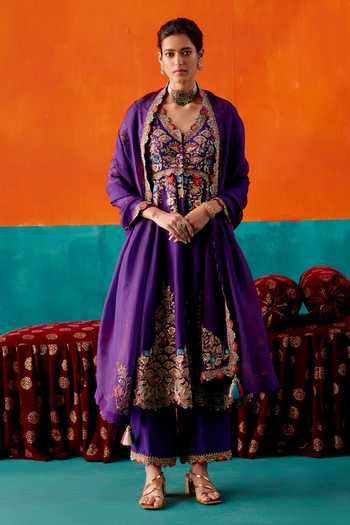 Dusty Mauve Hand-Embroidered Tissue Silk Anarkali Set with Fuchsia Zari Dupatta – Medium to 2XL main image 1