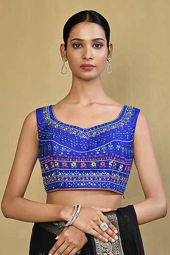 Maroon Pure Silk Resham Boota Embroidered Blouse with V-Neckline
