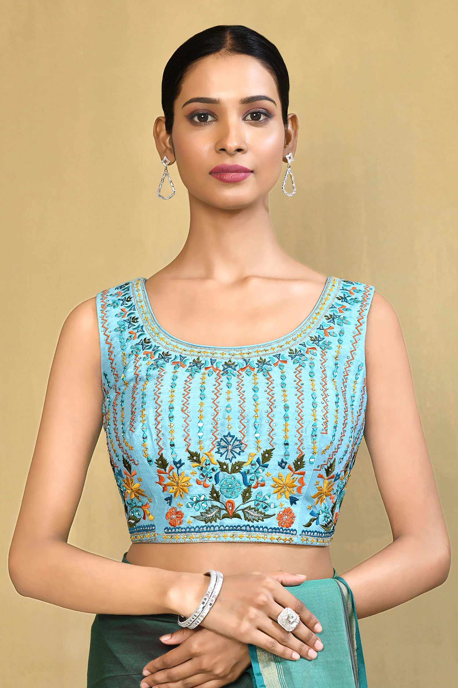 Buy Blue Art Silk Embroidered Resham U Neck Floral And Bead Blouse For Women By Samyukta