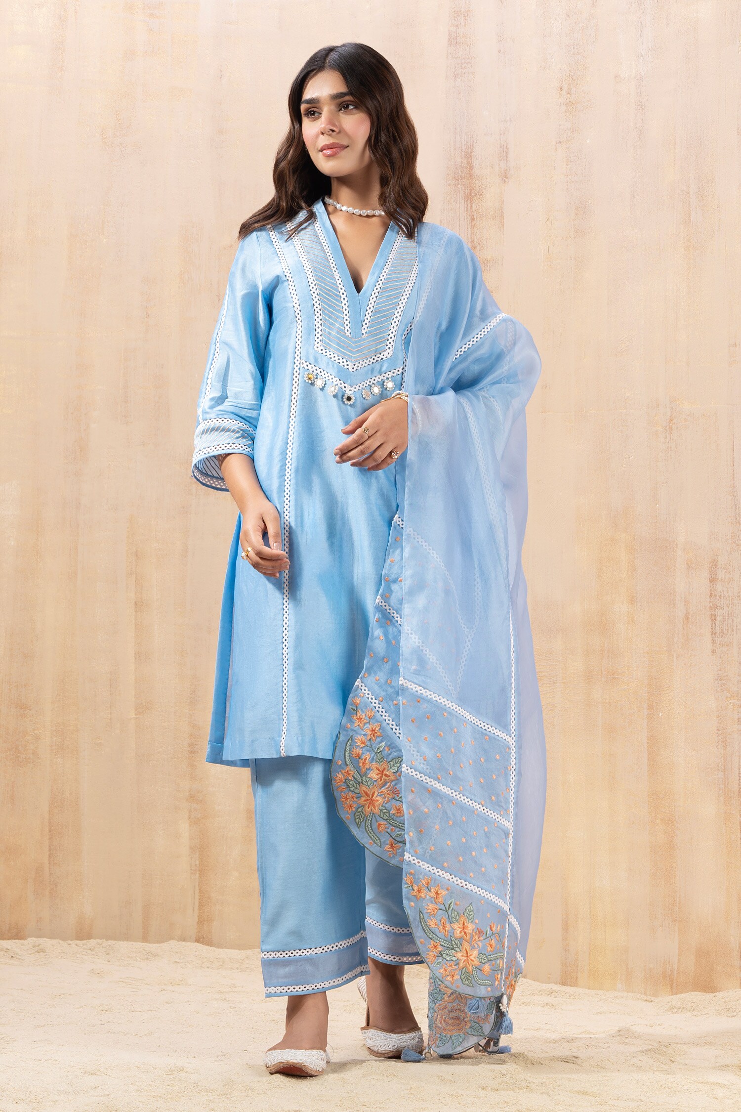 Buy Blue Chanderi Embroidered Ladder Lace V Neck Floral Kurta Set For Women by Seeaash Online at