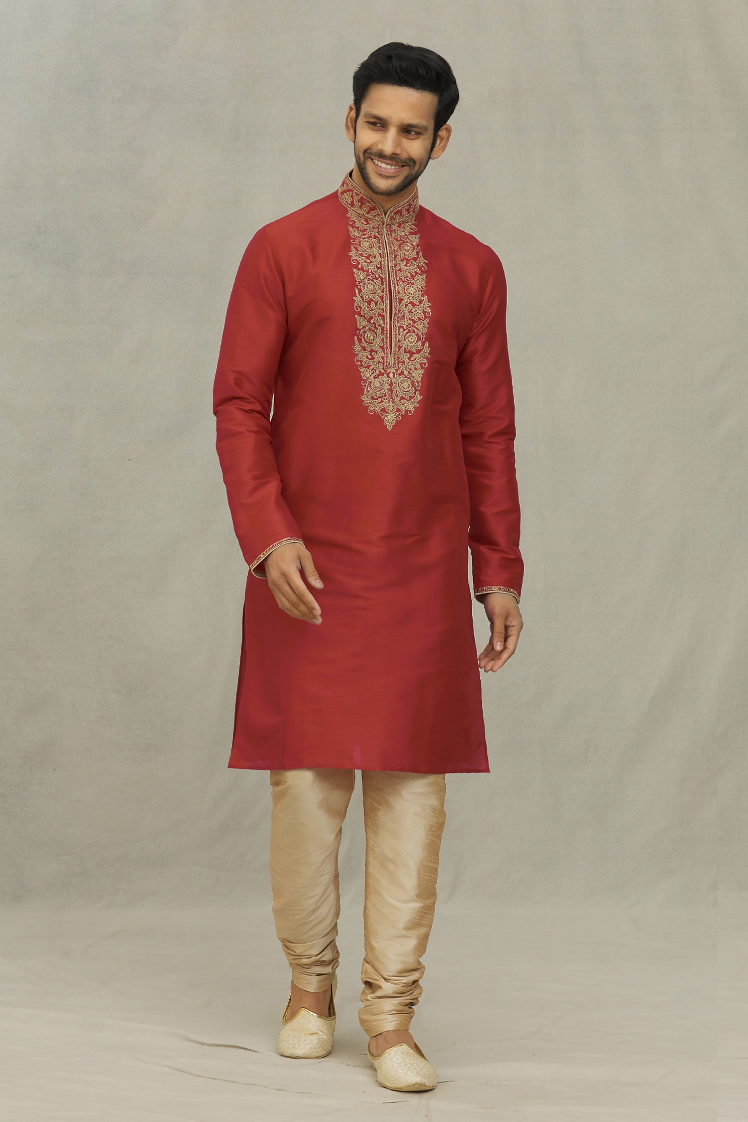 Buy Maroon Kurta: Art Silk Embroidered Thread Placket With Churidar For ...